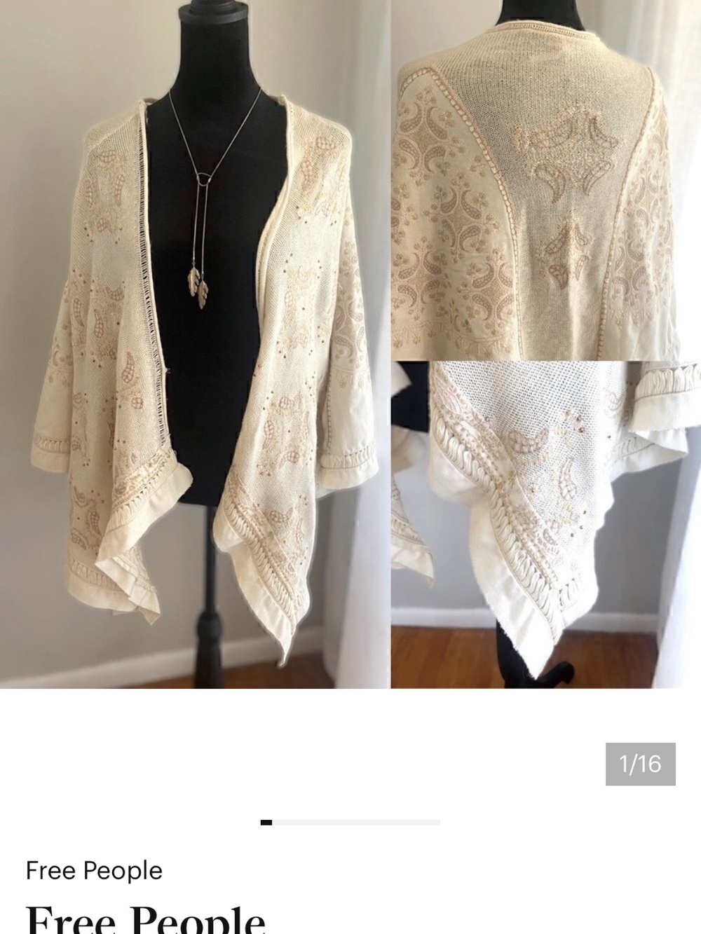 Free People Embroidered Beaded Wool Blend Cardigan Shawl Kimono Size M